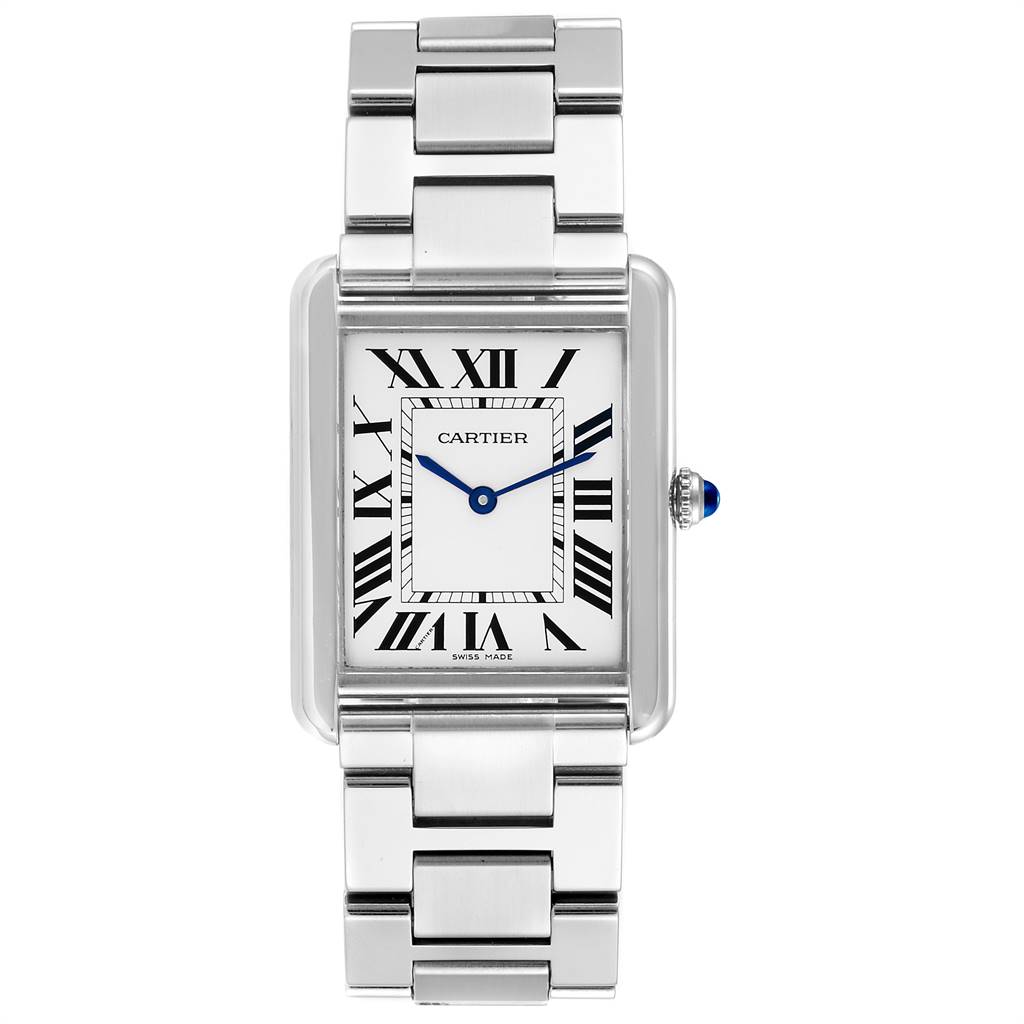 The image shows a Cartier Tank Solo W5200014 Men
s Stainless Steel Silver Dial W5200014 Men
s Stainless Steel Silver Dial watch from the front, including its rectangular face, Roman numerals, and metal bracelet.