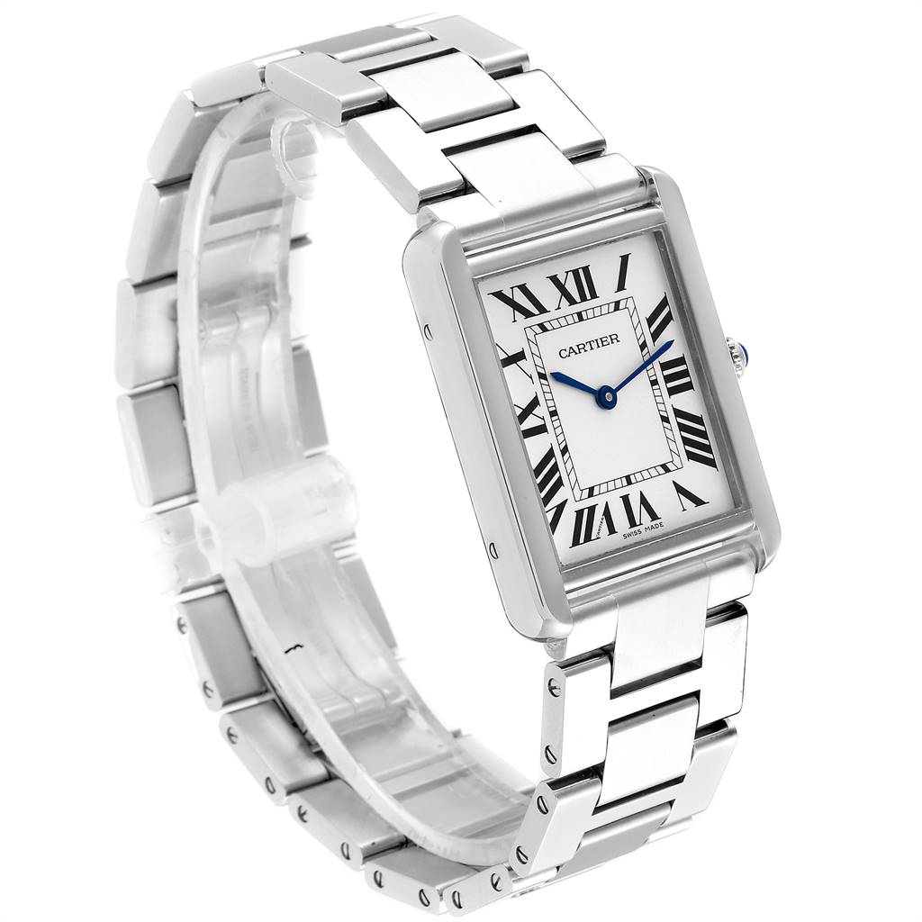The image shows a Cartier Tank Solo W5200014 Men
s Stainless Steel Silver Dial W5200014 Men
s Stainless Steel Silver Dial watch at a three-quarter angle, highlighting its rectangular face, Roman numerals, blue hands, and metal bracelet.