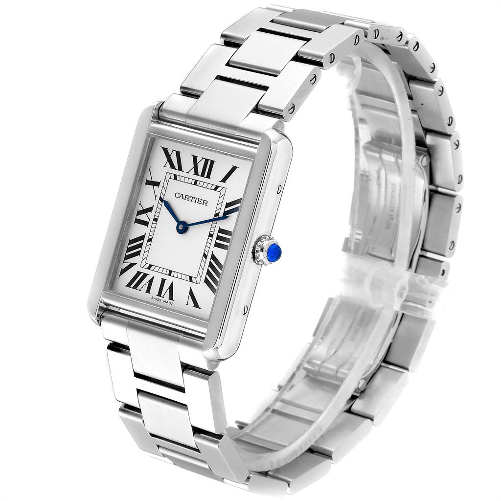 The image shows a side angle of the Cartier Tank Solo W5200014 Men
s Stainless Steel Silver Dial W5200014 Men
s Stainless Steel Silver Dial watch, highlighting its rectangular face, Roman numerals, and stainless steel bracelet.