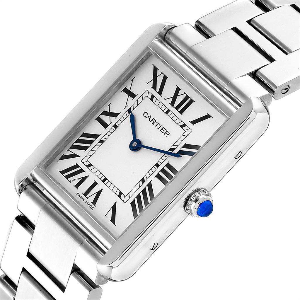 The Cartier Tank Solo W5200014 Men
s Stainless Steel Silver Dial W5200014 Men
s Stainless Steel Silver Dial watch is shown at an angled close-up, highlighting the dial, hands, case, and part of the bracelet.