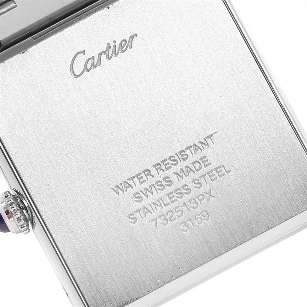 This image shows the back case of a Cartier Tank Solo W5200014 Men
s Stainless Steel Silver Dial W5200014 Men
s Stainless Steel Silver Dial watch, highlighting the brand engraving and watch specifications.