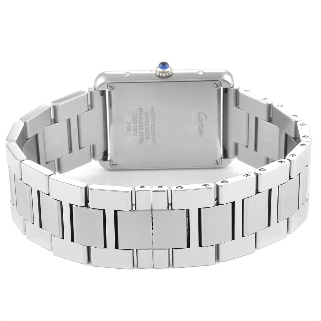 The image shows the back view of the Cartier Tank Solo W5200014 Men
s Stainless Steel Silver Dial W5200014 Men
s Stainless Steel Silver Dial watch, highlighting its stainless steel case and bracelet.