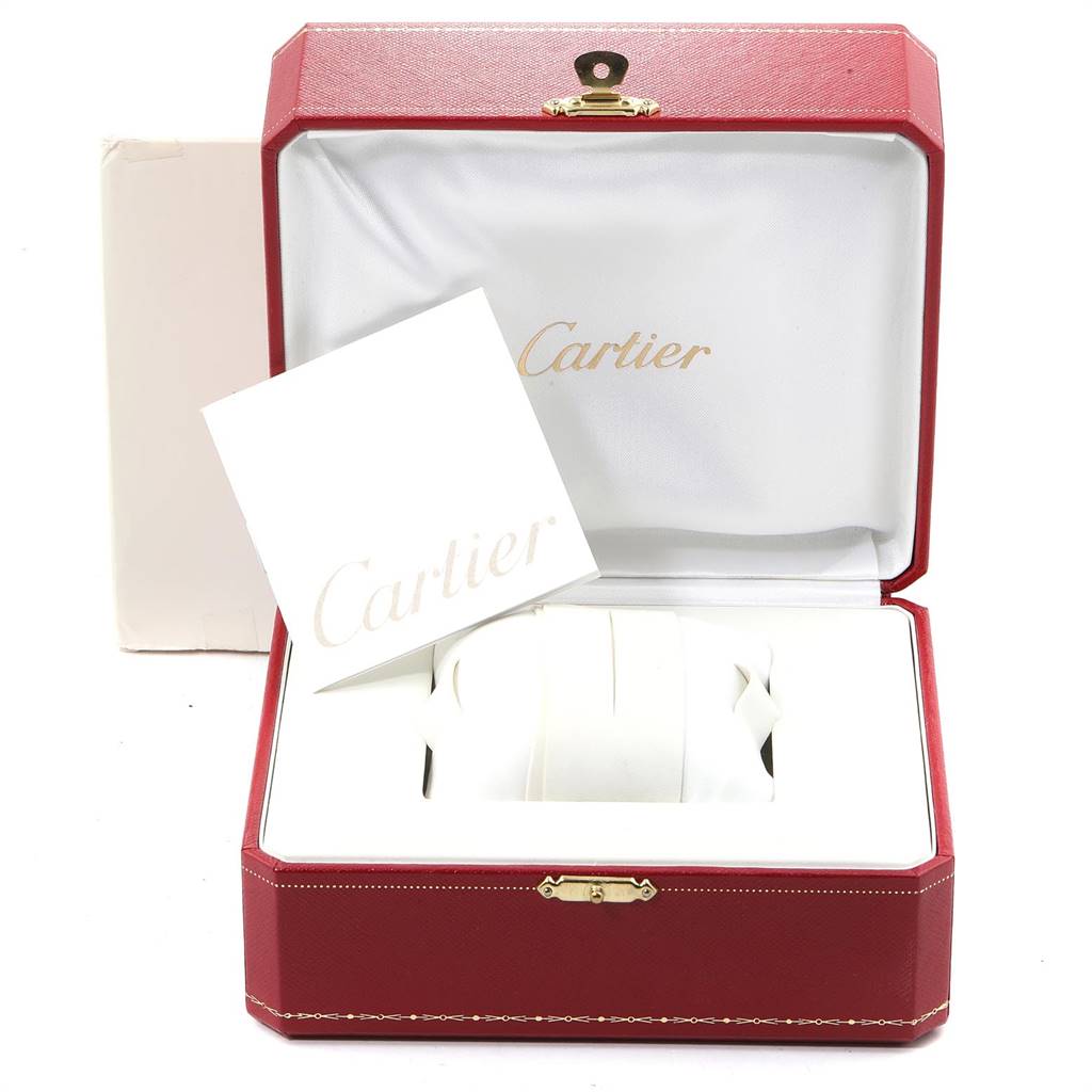This is a Cartier Tank Solo W5200014 Men
s Stainless Steel Silver Dial W5200014 Men
s Stainless Steel Silver Dial watch set, shown from the front in its open red box with the Cartier card visible.