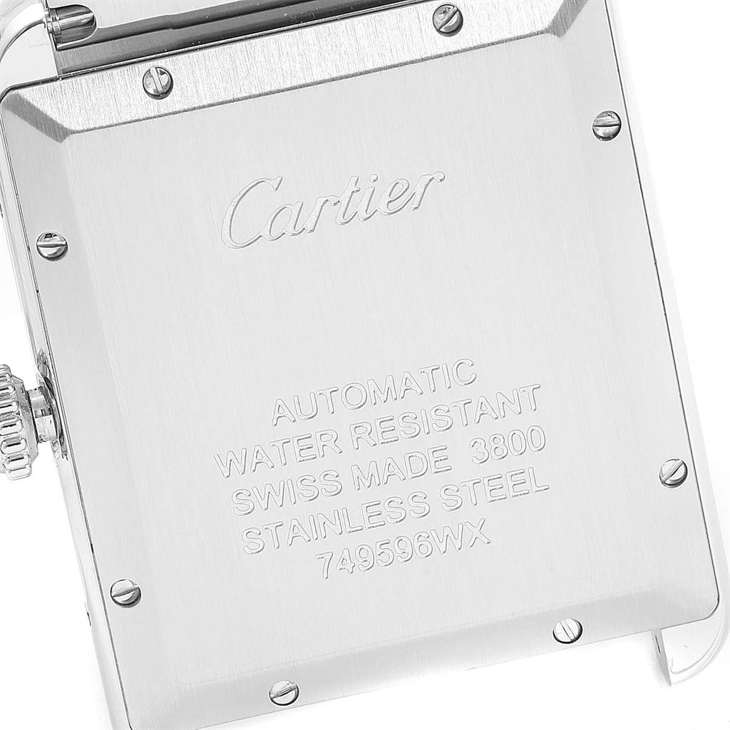 This image shows the case back of the Cartier Tank Solo W5200028 Men's Stainless Steel Silver Dial W5200028 Men's Stainless Steel Silver Dial watch, displaying the brand, model, and specifications.