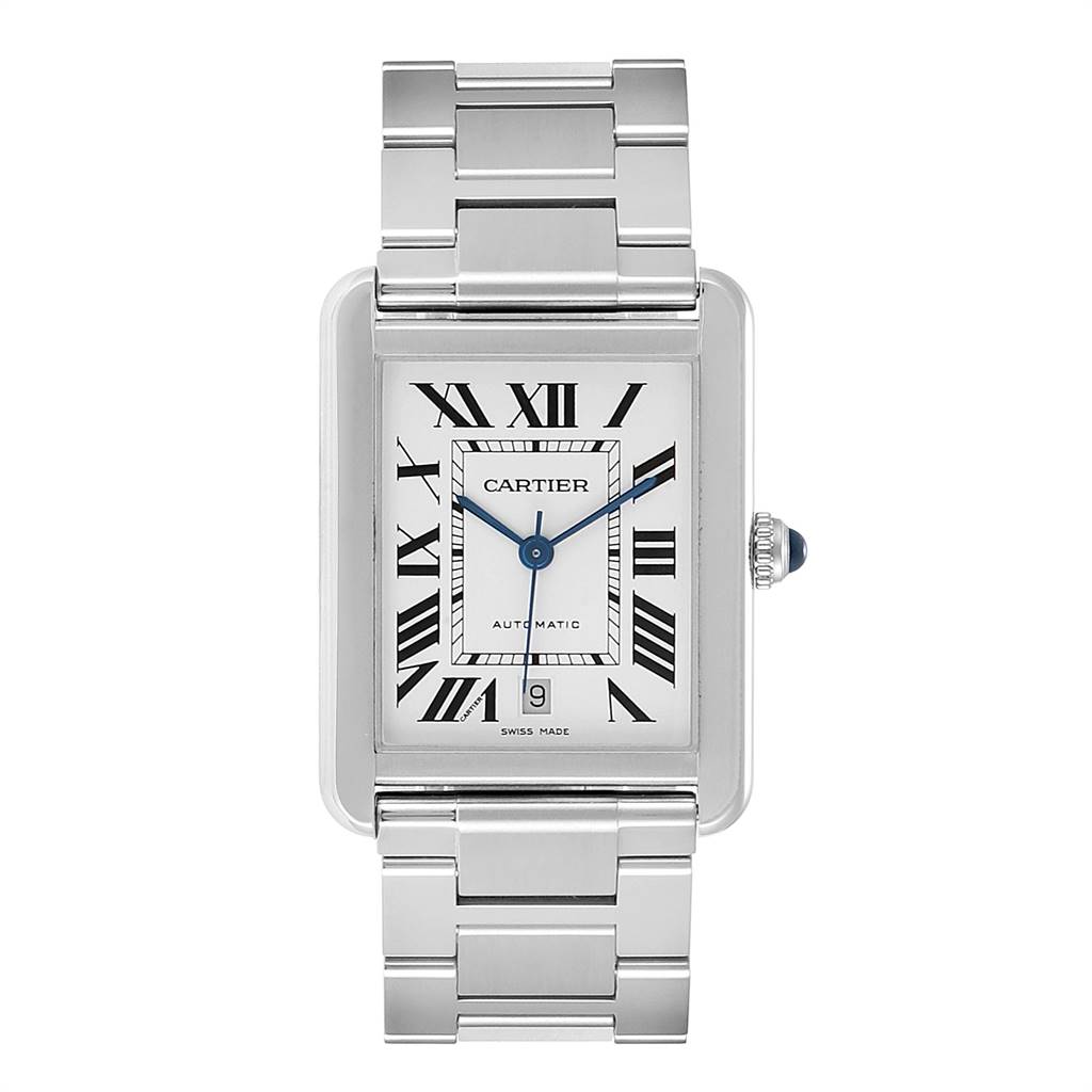 This image shows a front view of a Cartier Tank Solo W5200028 Men's Stainless Steel Silver Dial W5200028 Men's Stainless Steel Silver Dial watch, highlighting its rectangular face, roman numerals, and metal band.