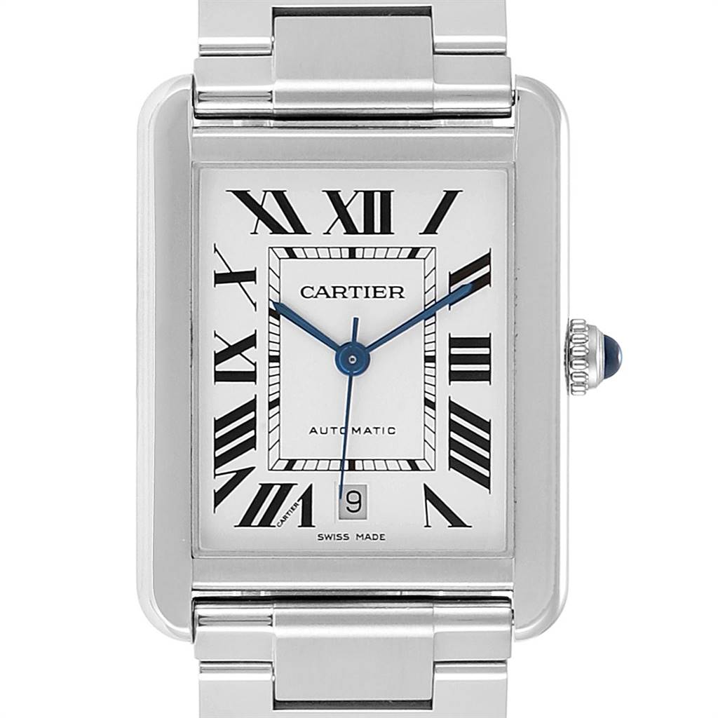 This image shows a close-up of the face and bezel of the Cartier Tank Solo W5200028 Men's Stainless Steel Silver Dial W5200028 Men's Stainless Steel Silver Dial watch, including part of the metallic strap and crown.