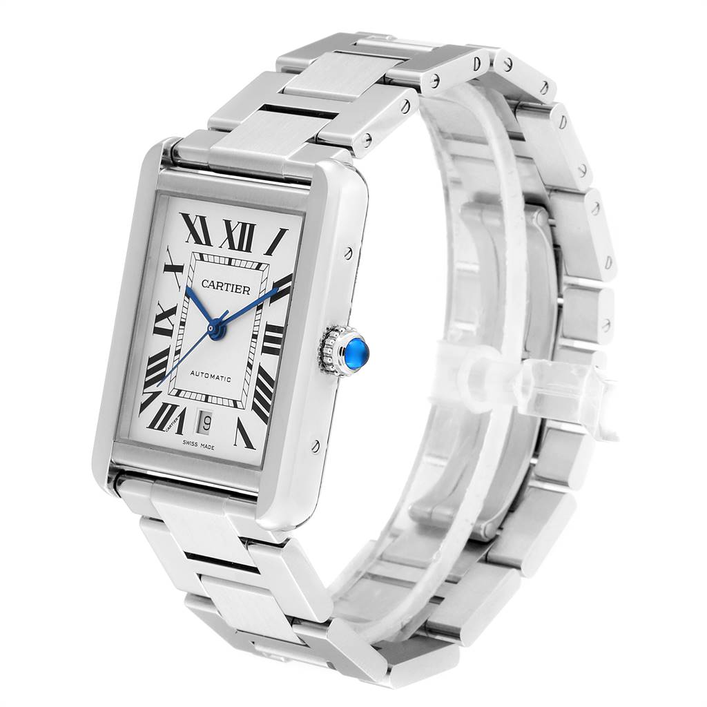 The Cartier Tank Solo W5200028 Men's Stainless Steel Silver Dial W5200028 Men's Stainless Steel Silver Dial watch is shown at a slight angle, displaying the face, crown, and metal band prominently.
