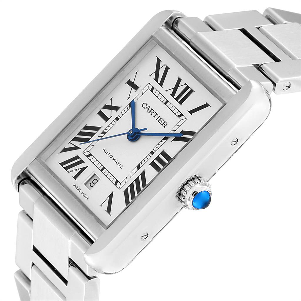 The image shows a Cartier Tank Solo W5200028 Men's Stainless Steel Silver Dial W5200028 Men's Stainless Steel Silver Dial watch, viewed from an angled side, displaying the face, crown, and part of the bracelet.