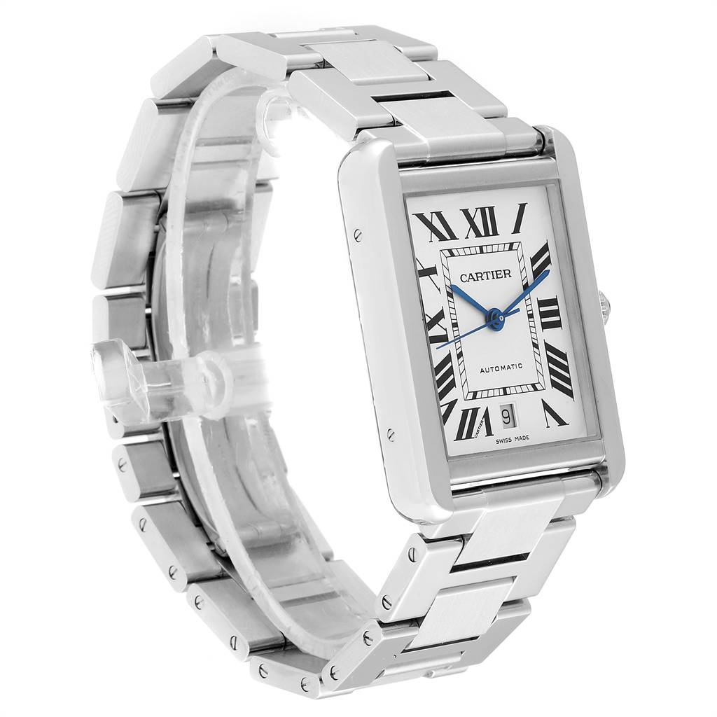 The Cartier Tank Solo W5200028 Men's Stainless Steel Silver Dial W5200028 Men's Stainless Steel Silver Dial watch is shown at a slight angle, displaying its face, bezel, and metal bracelet.