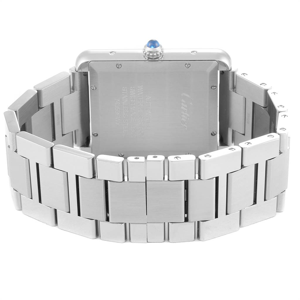 The image shows the back view of a Cartier Tank Solo W5200028 Men's Stainless Steel Silver Dial W5200028 Men's Stainless Steel Silver Dial watch, highlighting its stainless steel bracelet and case back.