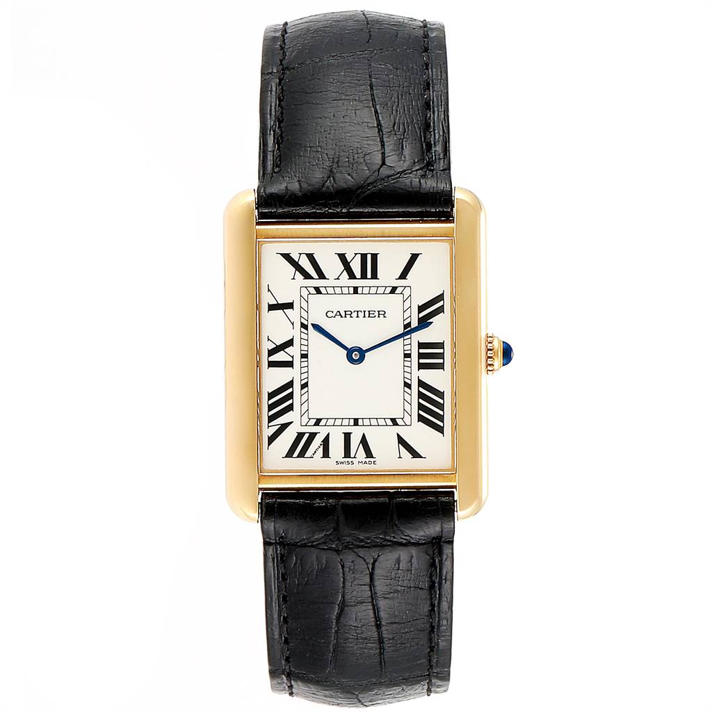 The image shows a frontal view of the Tank Solo model by Cartier, featuring the watch face and black leather strap.