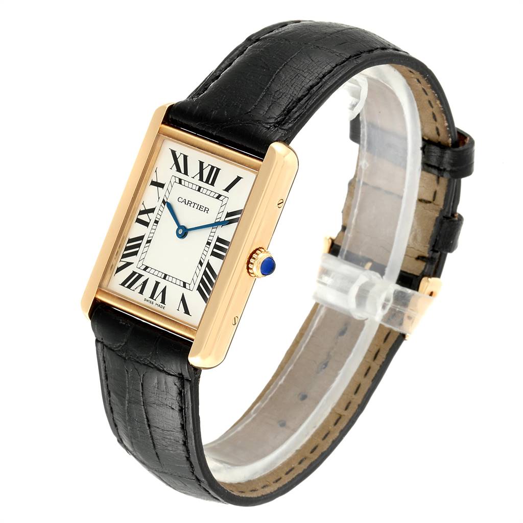 The image shows a Cartier Tank Solo W1018855 Men's Steel and Gold (two tone) Silver Dial W1018855 Men's Steel and Gold (two tone) Silver Dial watch from a three-quarter angle, highlighting its face, black leather strap, and gold case.