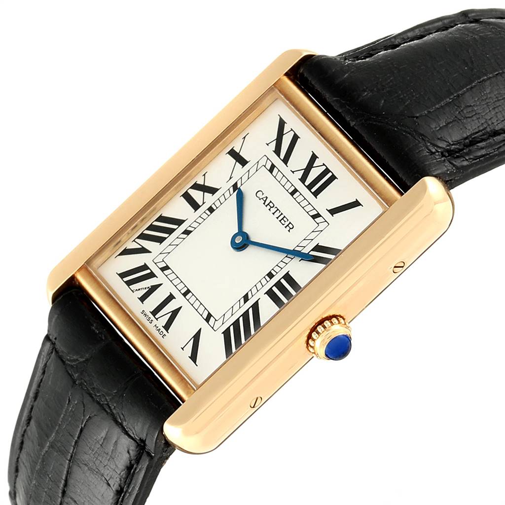 This image showcases a Cartier Tank Solo W1018855 Men's Steel and Gold (two tone) Silver Dial W1018855 Men's Steel and Gold (two tone) Silver Dial watch from a front angle, highlighting its rectangular face, Roman numerals, and leather strap.