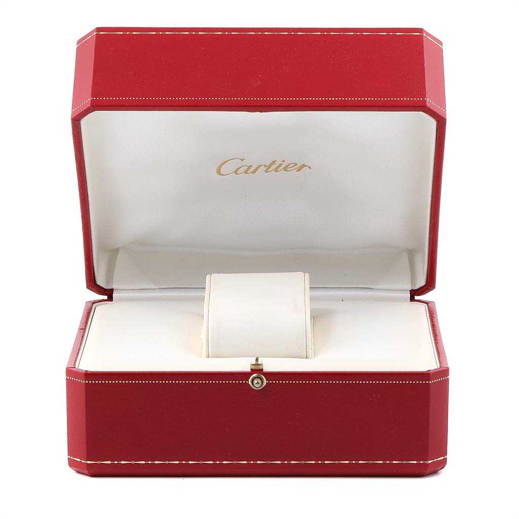 The image shows a red Cartier box for the Tank Solo model watch, opened with an empty watch cushion inside.