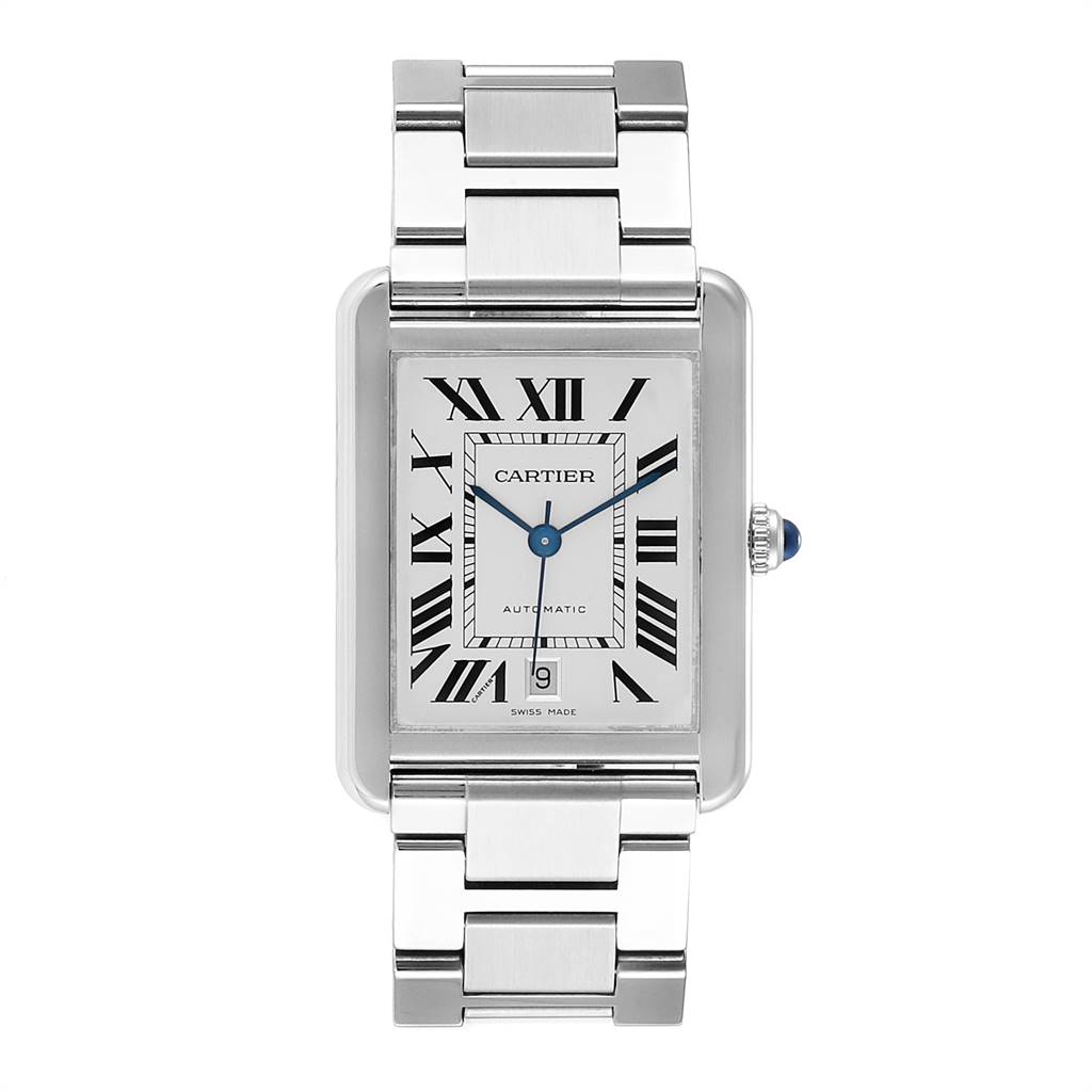 The image shows a top-down view of a Cartier Tank Solo W5200028 Men's Stainless Steel Silver Dial W5200028 Men's Stainless Steel Silver Dial watch, highlighting its rectangular dial, Roman numerals, and metal bracelet.