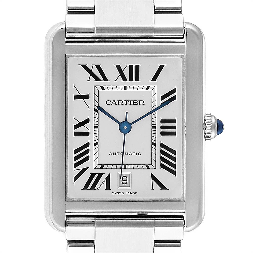 This image shows the face, bezel, and part of the strap of the Cartier Tank Solo W5200028 Men's Stainless Steel Silver Dial W5200028 Men's Stainless Steel Silver Dial watch from a straight-on angle.