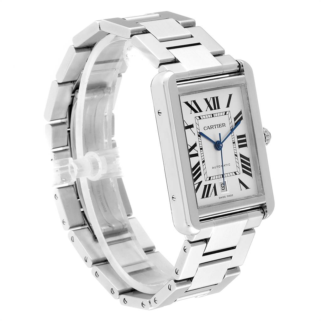 The Cartier Tank Solo W5200028 Men's Stainless Steel Silver Dial W5200028 Men's Stainless Steel Silver Dial watch is shown at a three-quarter angle, highlighting its rectangular face and metal bracelet.