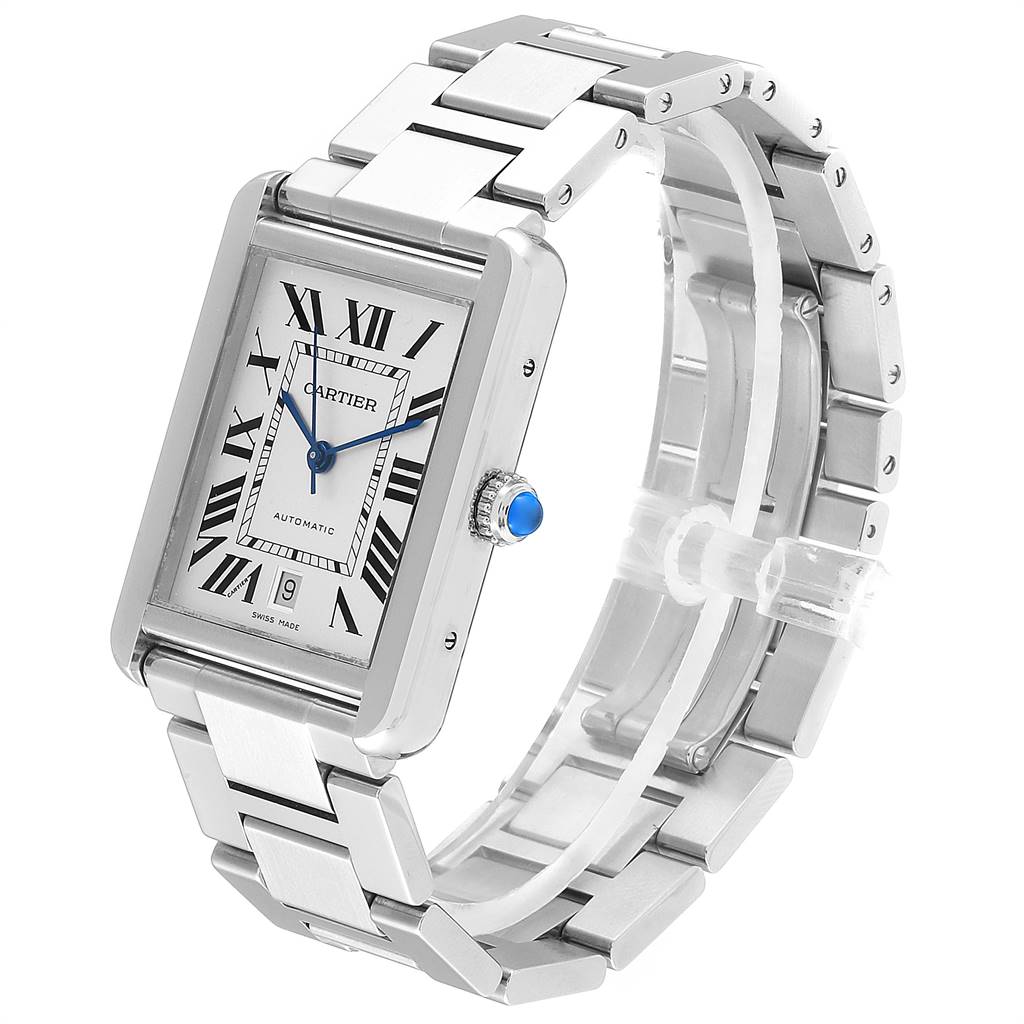 The image shows a Cartier Tank Solo W5200028 Men's Stainless Steel Silver Dial W5200028 Men's Stainless Steel Silver Dial watch angled to display the face, crown, and part of the bracelet.