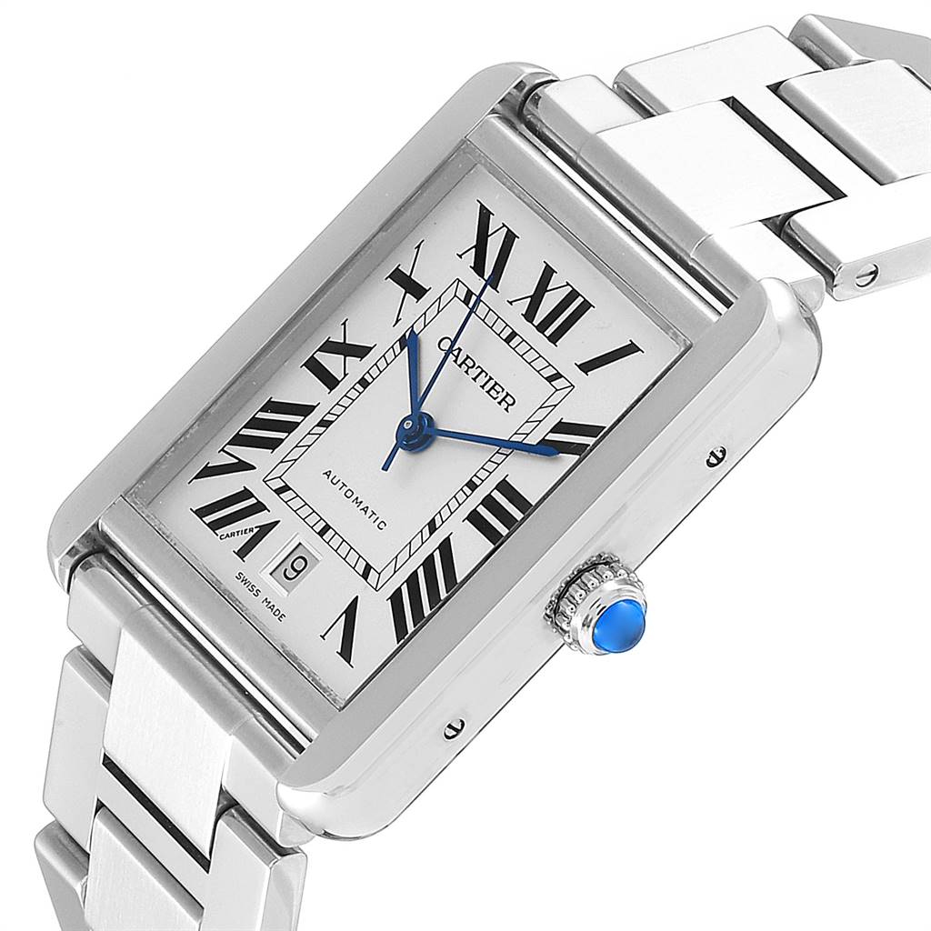 The image shows a tilted view of the Cartier Tank Solo W5200028 Men's Stainless Steel Silver Dial W5200028 Men's Stainless Steel Silver Dial watch, highlighting the face, bezel, crown, and part of the bracelet.
