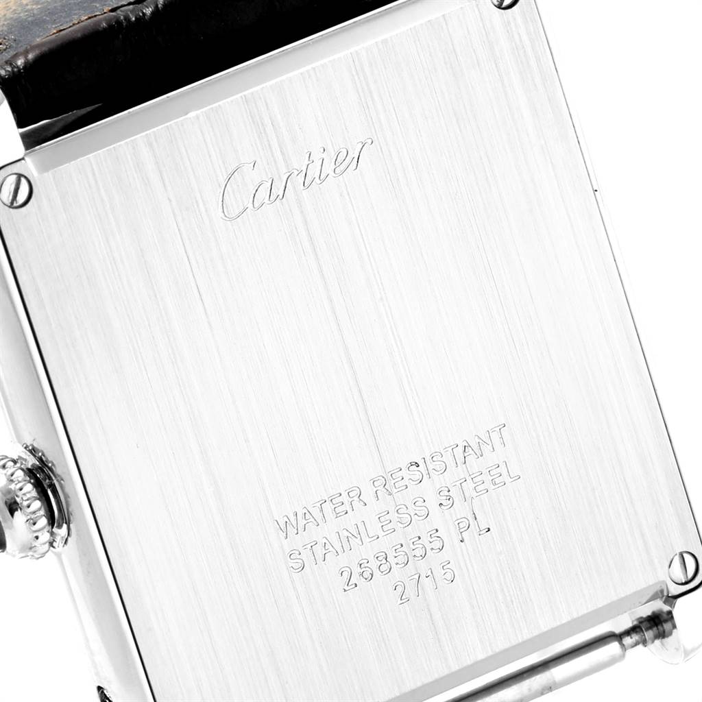 The image shows the stainless steel back and partial strap of a Cartier Tank Solo W1018355 Men's Stainless Steel Silver Dial W1018355 Men's Stainless Steel Silver Dial watch.