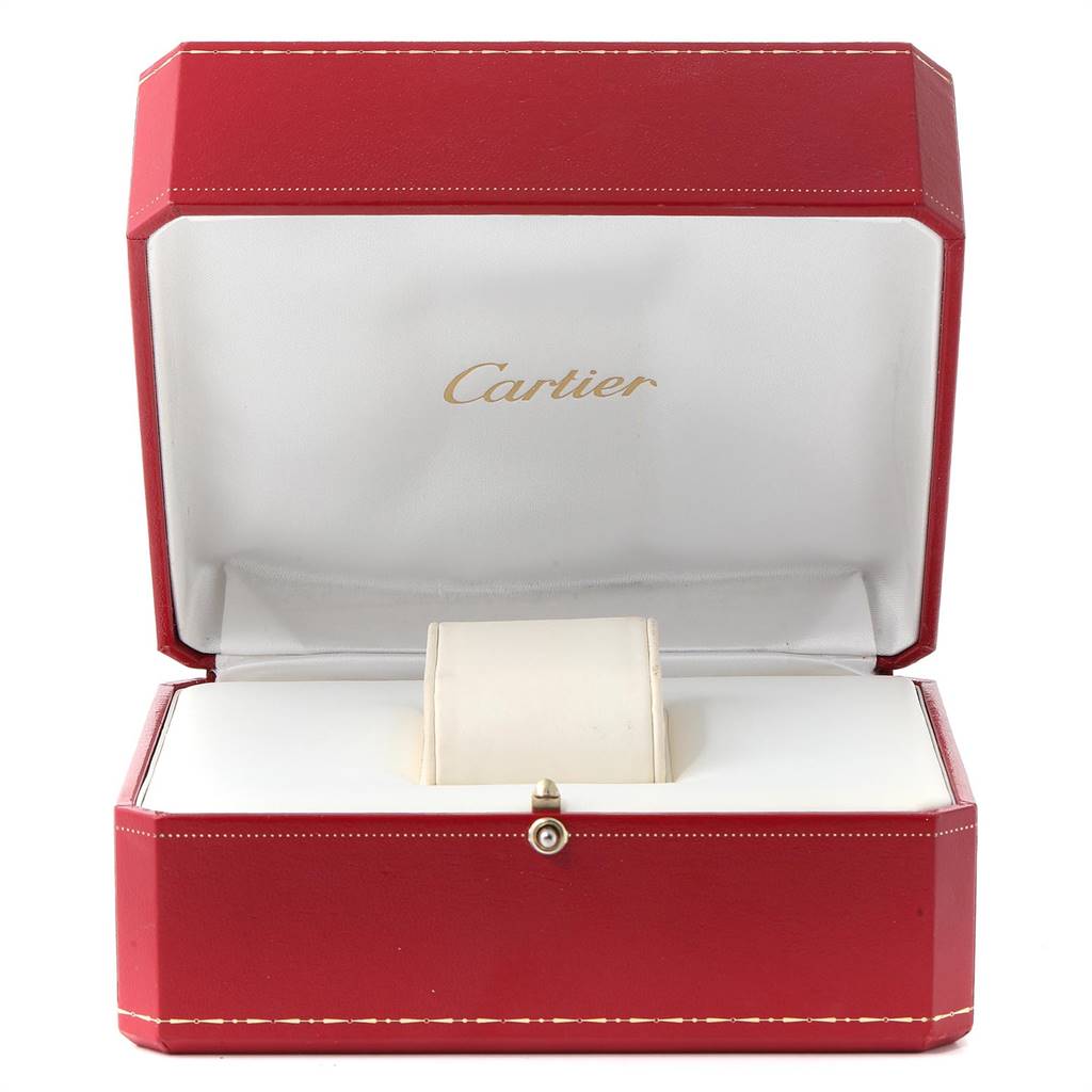 The image shows a Cartier Tank Solo W1018355 Men's Stainless Steel Silver Dial W1018355 Men's Stainless Steel Silver Dial watch box open, highlighting the brand logo inside the lid.