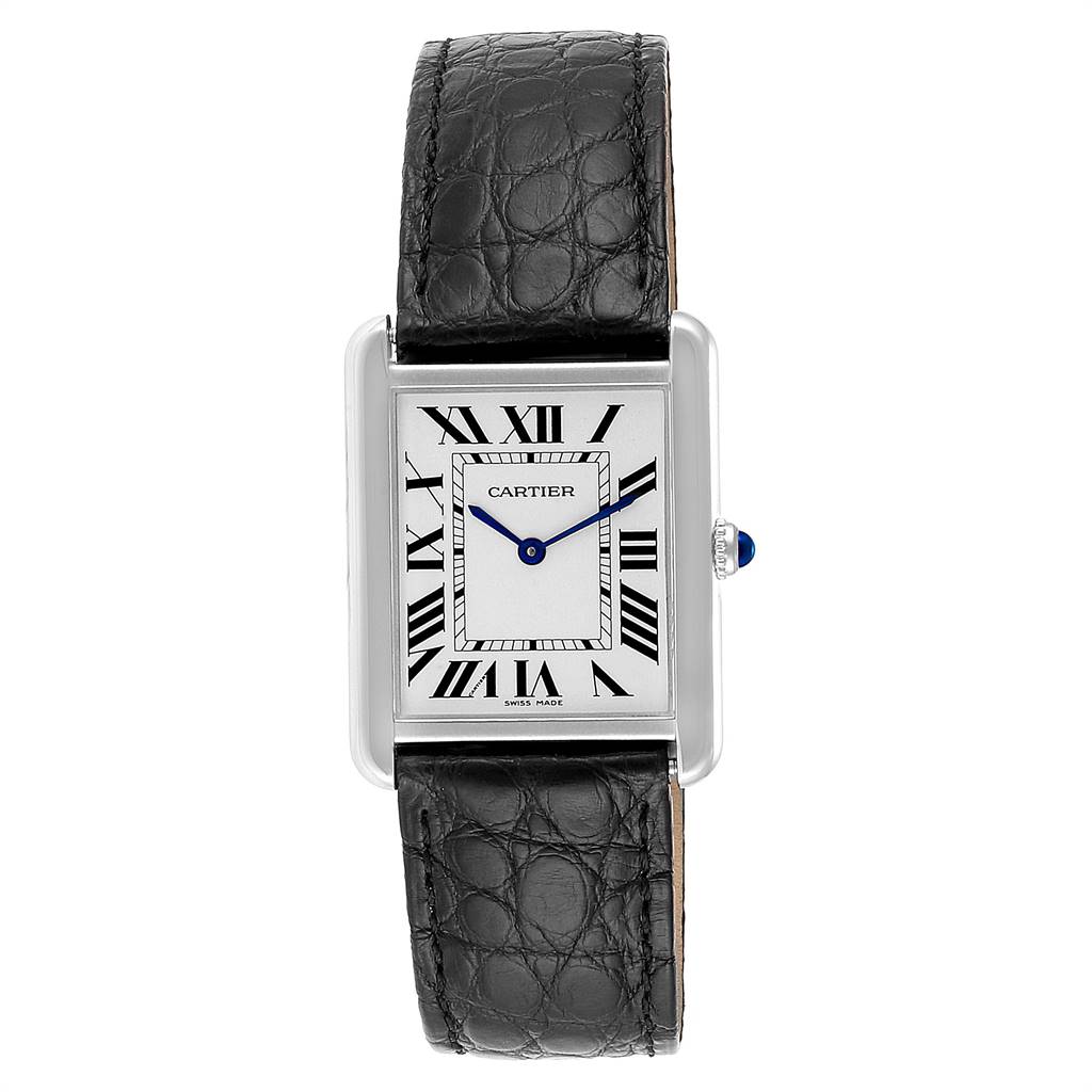 The Cartier Tank Solo W1018355 Men's Stainless Steel Silver Dial W1018355 Men's Stainless Steel Silver Dial watch is shown from a front angle, displaying its black leather strap, rectangular case, and Roman numeral dial.