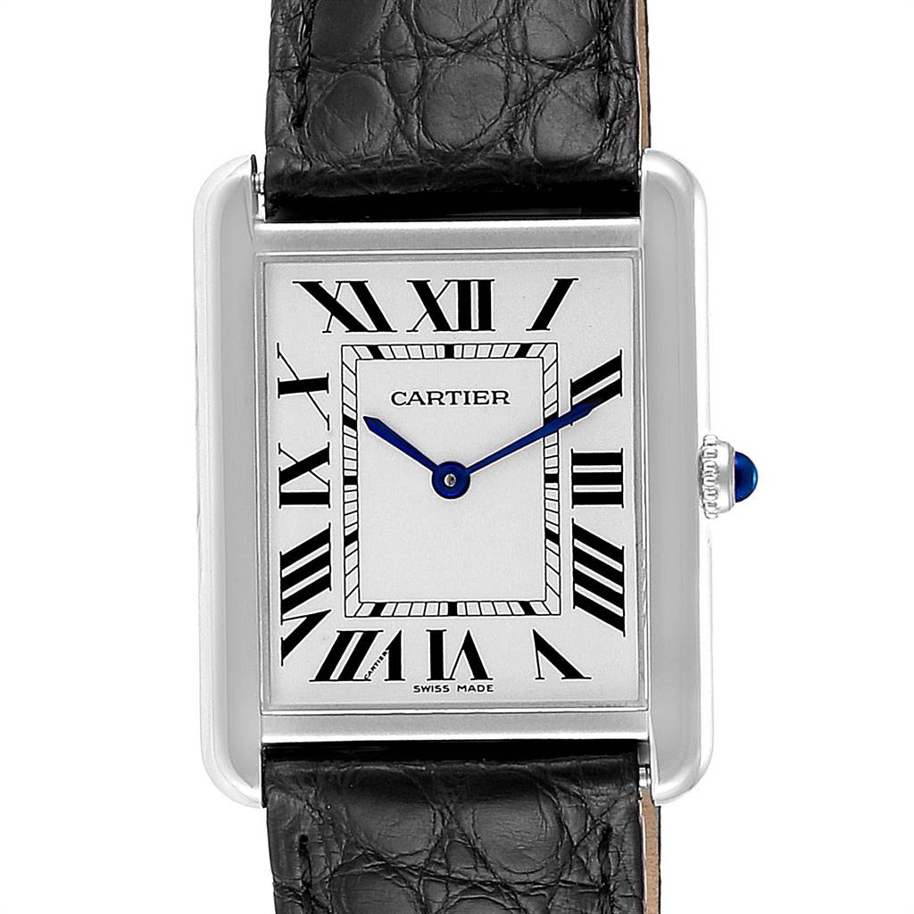 This is a front-facing view of a Cartier Tank Solo W1018355 Men's Stainless Steel Silver Dial W1018355 Men's Stainless Steel Silver Dial watch, showcasing its Roman numeral dial and black leather strap.