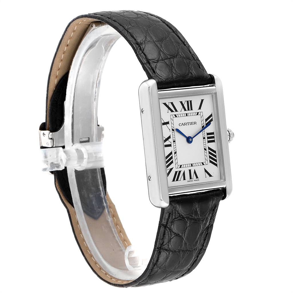 The Cartier Tank Solo W1018355 Men's Stainless Steel Silver Dial W1018355 Men's Stainless Steel Silver Dial watch is shown at an angle displaying its rectangular face, Roman numerals, and leather strap.