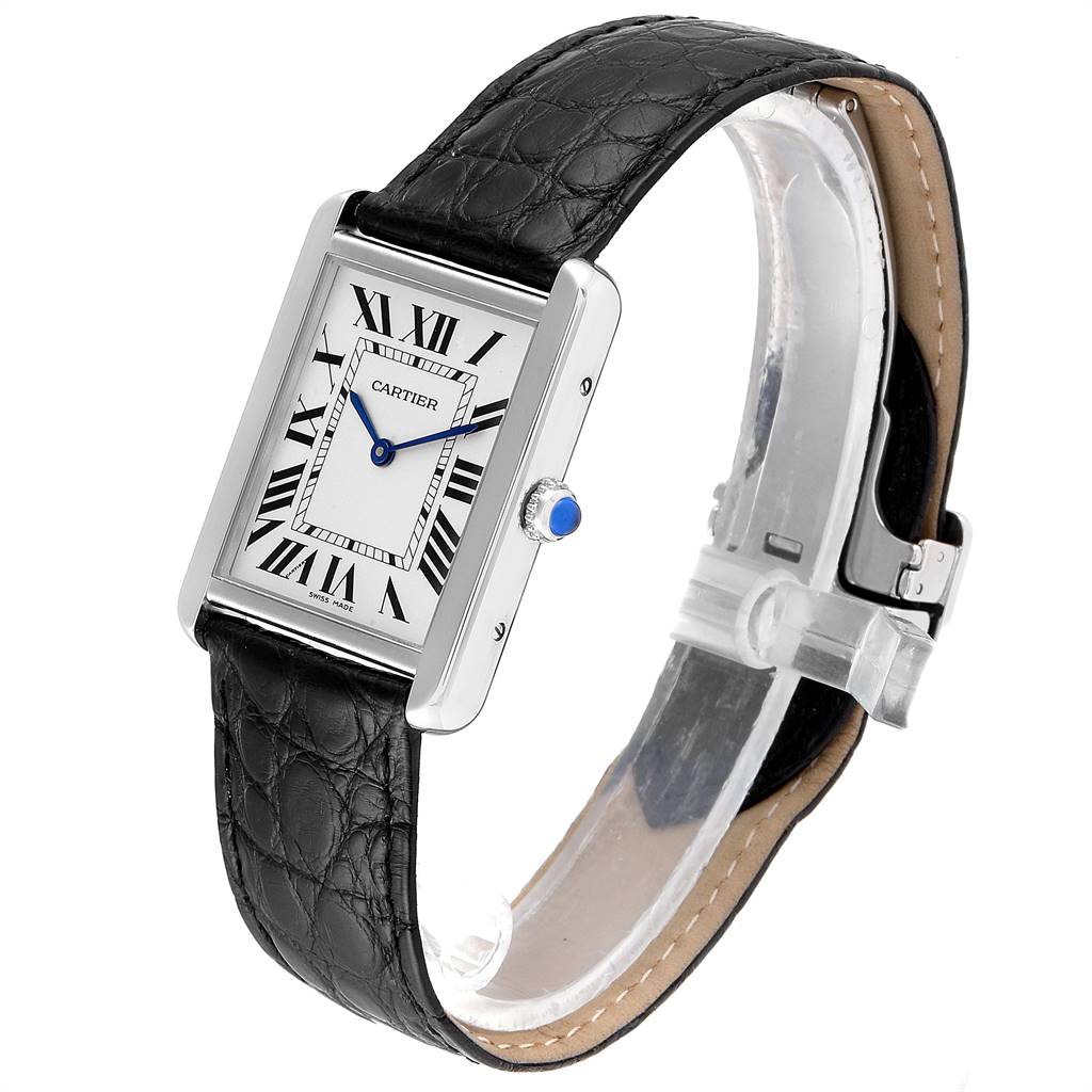 The Cartier Tank Solo W1018355 Men's Stainless Steel Silver Dial W1018355 Men's Stainless Steel Silver Dial watch is shown at a three-quarter angle, highlighting its face, leather strap, and clasp.