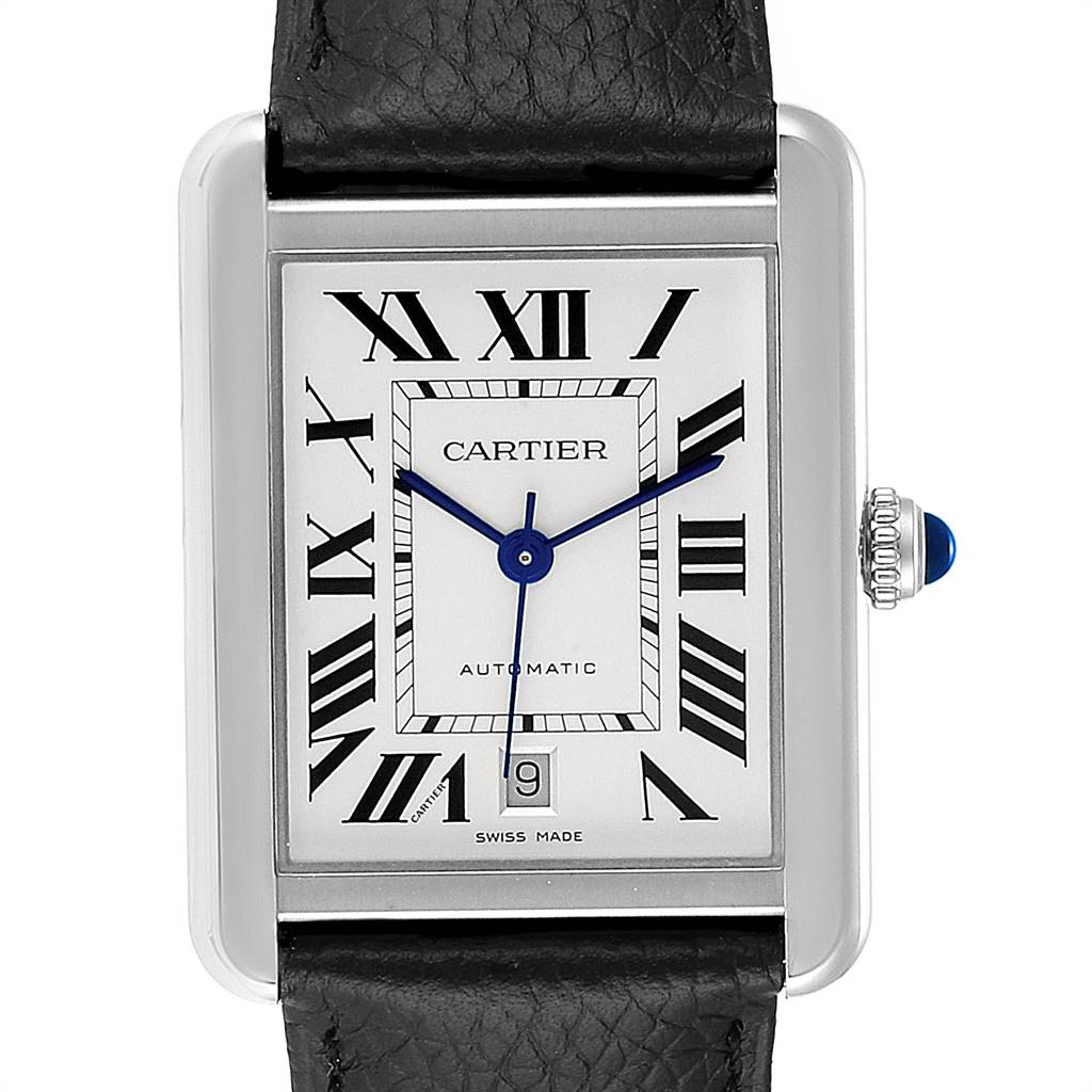 The image shows a full frontal view of the Cartier Tank Solo W5200027 Men
s Stainless Steel Silver Dial W5200027 Men
s Stainless Steel Silver Dial watch, highlighting its dial, Roman numerals, crown, and leather strap.