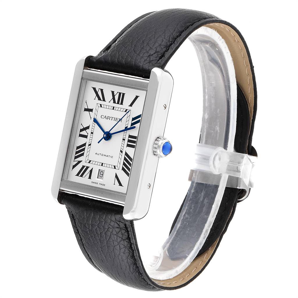 The image shows a Cartier Tank Solo W5200027 Men
s Stainless Steel Silver Dial W5200027 Men
s Stainless Steel Silver Dial watch from an angled side view, highlighting the dial, crown, strap, and bezel.