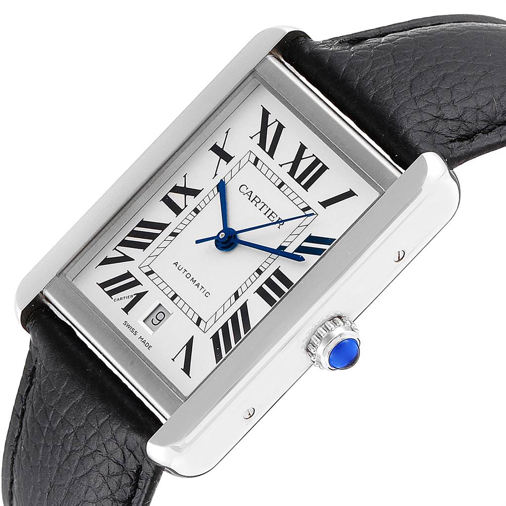 This image shows a close-up view of the Cartier Tank Solo W5200027 Men
s Stainless Steel Silver Dial W5200027 Men
s Stainless Steel Silver Dial watch, displaying its face, crown, strap, and rectangular case.