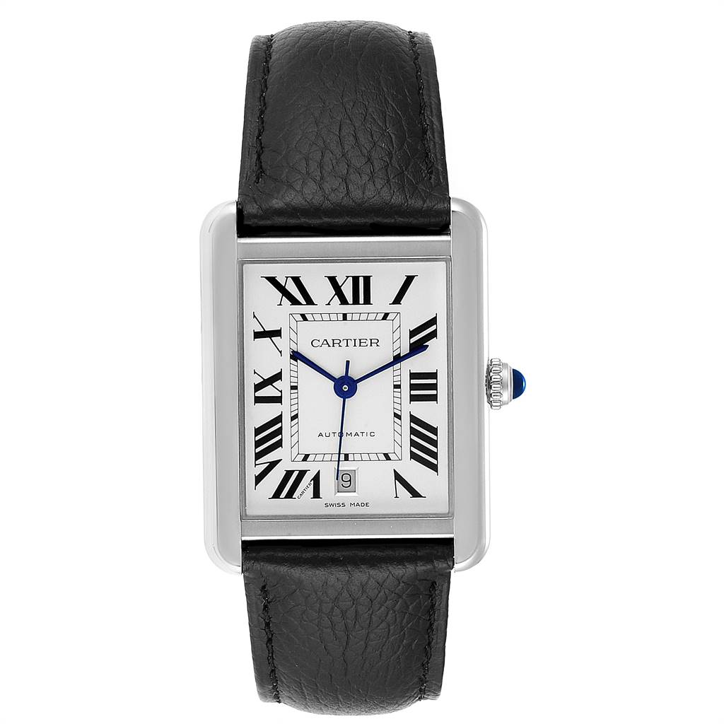 The image shows a frontal view of a Tank Solo watch by Cartier, highlighting its rectangular face, Roman numerals, and black leather strap.