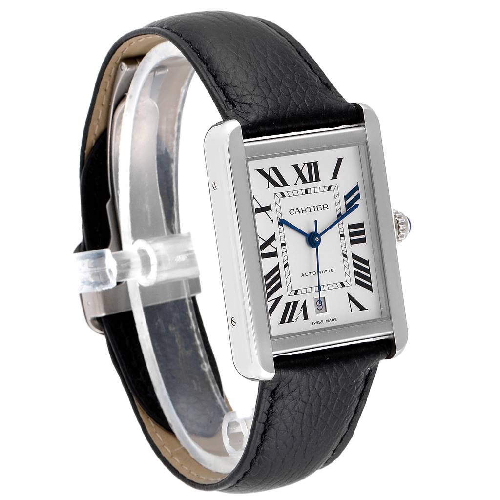 This Cartier Tank Solo W5200027 Men
s Stainless Steel Silver Dial W5200027 Men
s Stainless Steel Silver Dial watch is shown at an oblique angle, highlighting its face, black leather strap, and crown.
