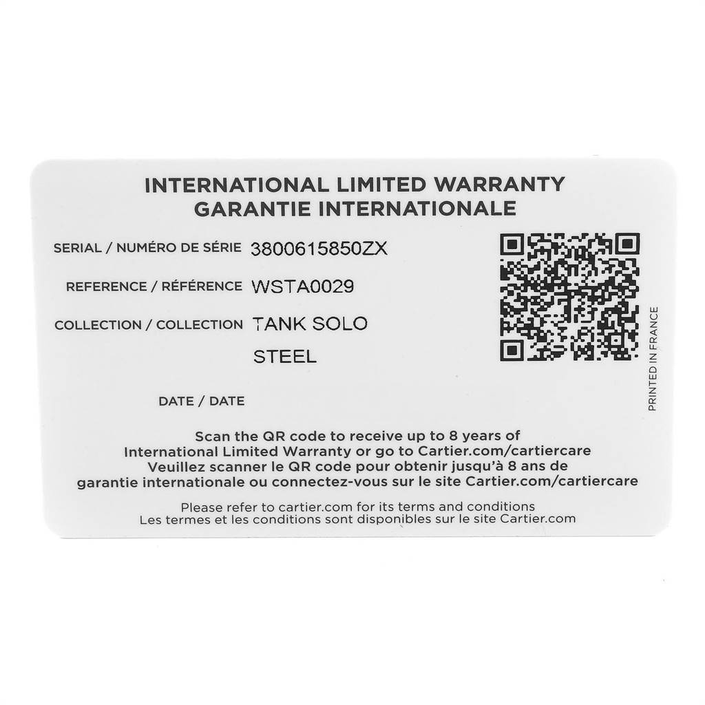 This image shows the warranty card for the Cartier Tank Solo W5200027 Men
s Stainless Steel Silver Dial W5200027 Men
s Stainless Steel Silver Dial watch model.