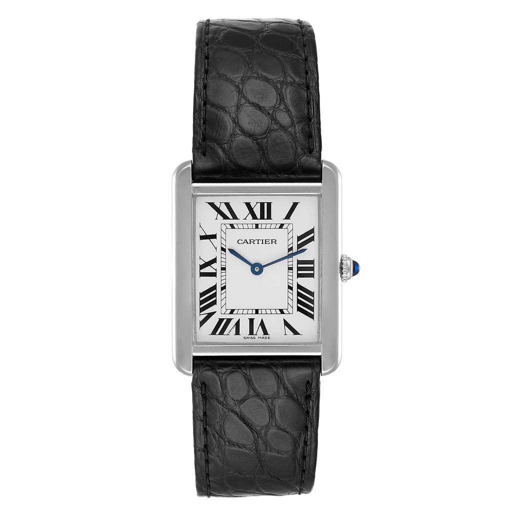 The image shows the front view of the Cartier Tank Solo W1018355 Men
s Stainless Steel Silver Dial W1018355 Men
s Stainless Steel Silver Dial watch, including the dial and leather strap.