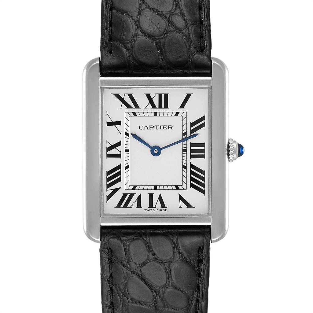 This image shows the face and strap of a Cartier Tank Solo W1018355 Men
s Stainless Steel Silver Dial W1018355 Men
s Stainless Steel Silver Dial watch from a front angle.