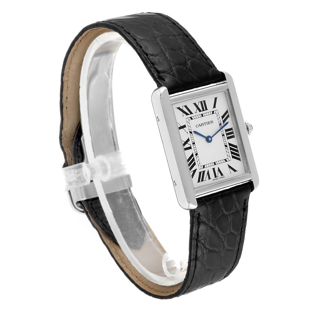The image shows a Cartier Tank Solo W1018355 Men
s Stainless Steel Silver Dial W1018355 Men
s Stainless Steel Silver Dial watch from an angled side view, highlighting the dial and leather strap.