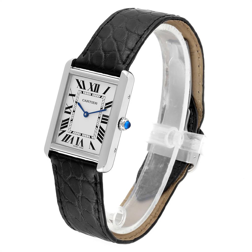 The image shows a Cartier Tank Solo W1018355 Men
s Stainless Steel Silver Dial W1018355 Men
s Stainless Steel Silver Dial watch with a rectangular face, Roman numerals, blue hands, and a black leather strap, at a slight angle.