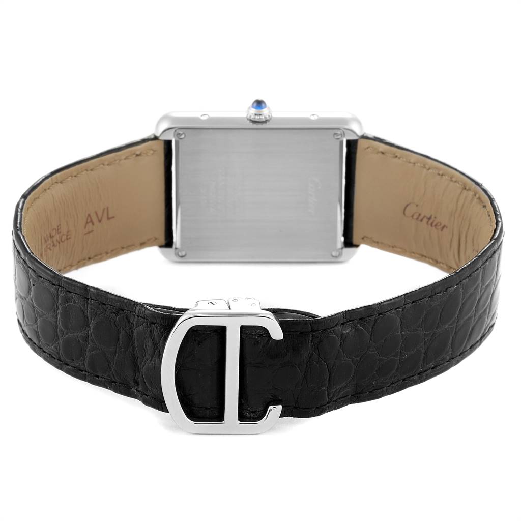 This image shows the back view of the Cartier Tank Solo W1018355 Men
s Stainless Steel Silver Dial W1018355 Men
s Stainless Steel Silver Dial watch, focusing on its case, leather strap, and metal clasp.