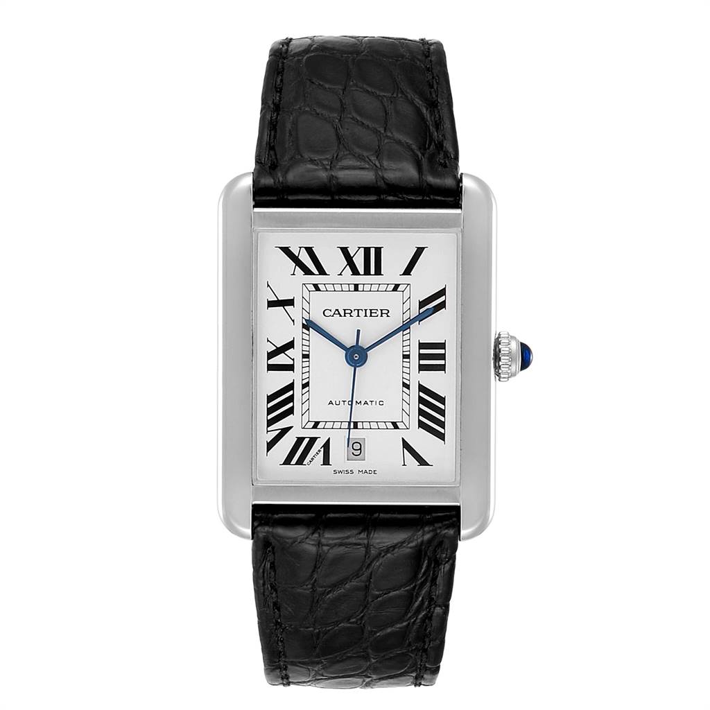 This Cartier Tank Solo W5200027 Men's Stainless Steel Silver Dial W5200027 Men's Stainless Steel Silver Dial watch is shown from a top-down angle, featuring the watch face, Roman numerals, blue hands, and black leather strap.