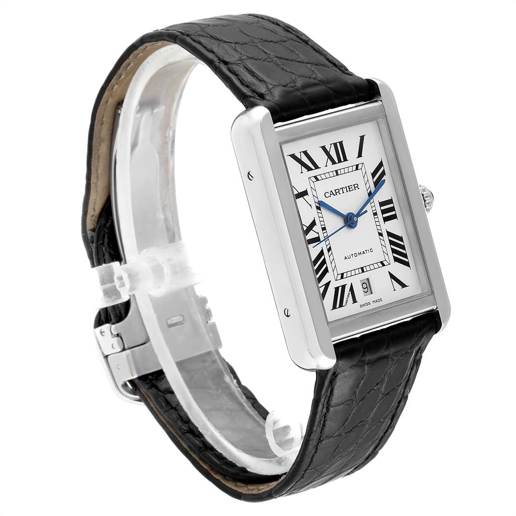 This image shows a side-angle view of a Cartier Tank Solo W5200027 Men's Stainless Steel Silver Dial W5200027 Men's Stainless Steel Silver Dial watch, displaying its face, strap, and case.
