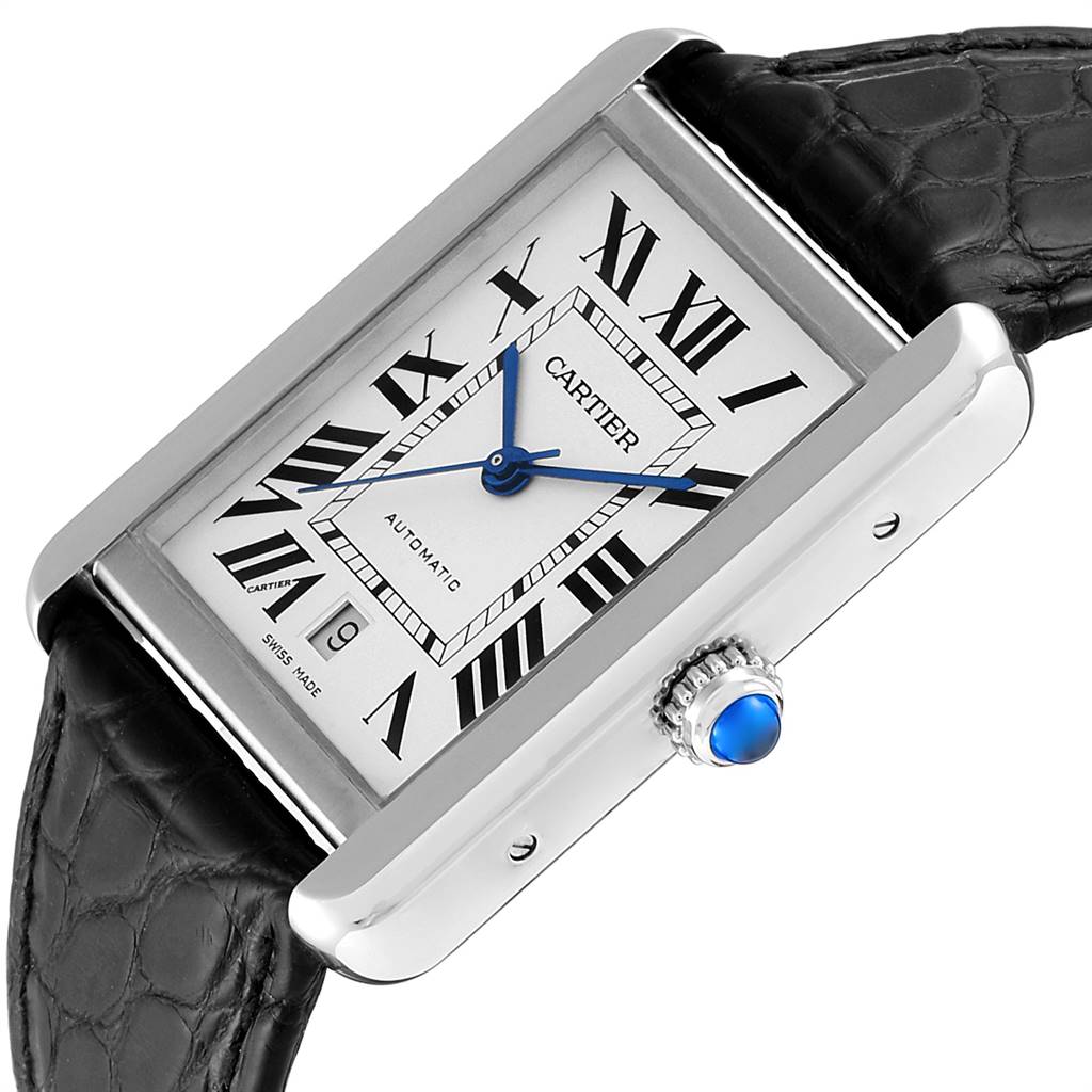 The Cartier Tank Solo W5200027 Men's Stainless Steel Silver Dial W5200027 Men's Stainless Steel Silver Dial watch is shown at an angle, highlighting its rectangular face, Roman numerals, and black leather strap.