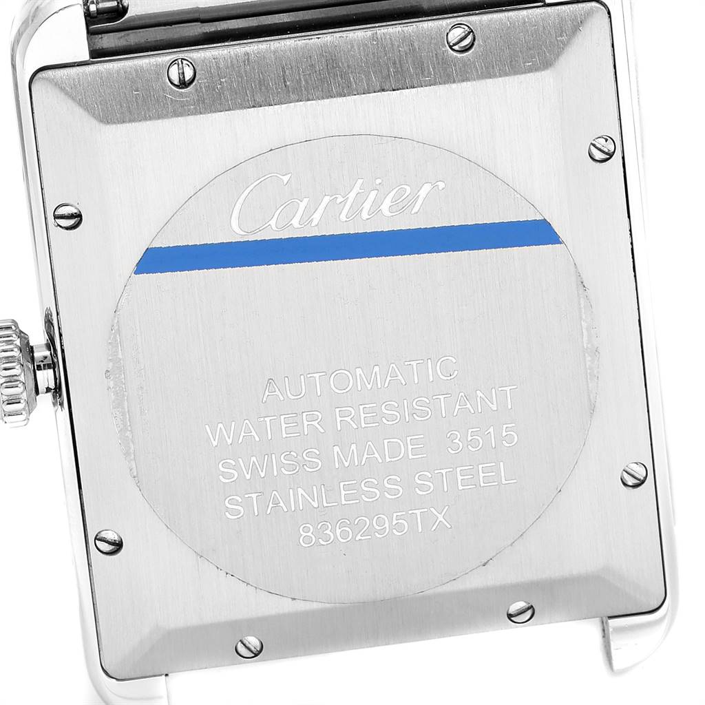 The image shows the back of a Cartier Tank Solo W5200028 Men
s Stainless Steel Silver Dial W5200028 Men
s Stainless Steel Silver Dial watch, detailing its specifications and branding.