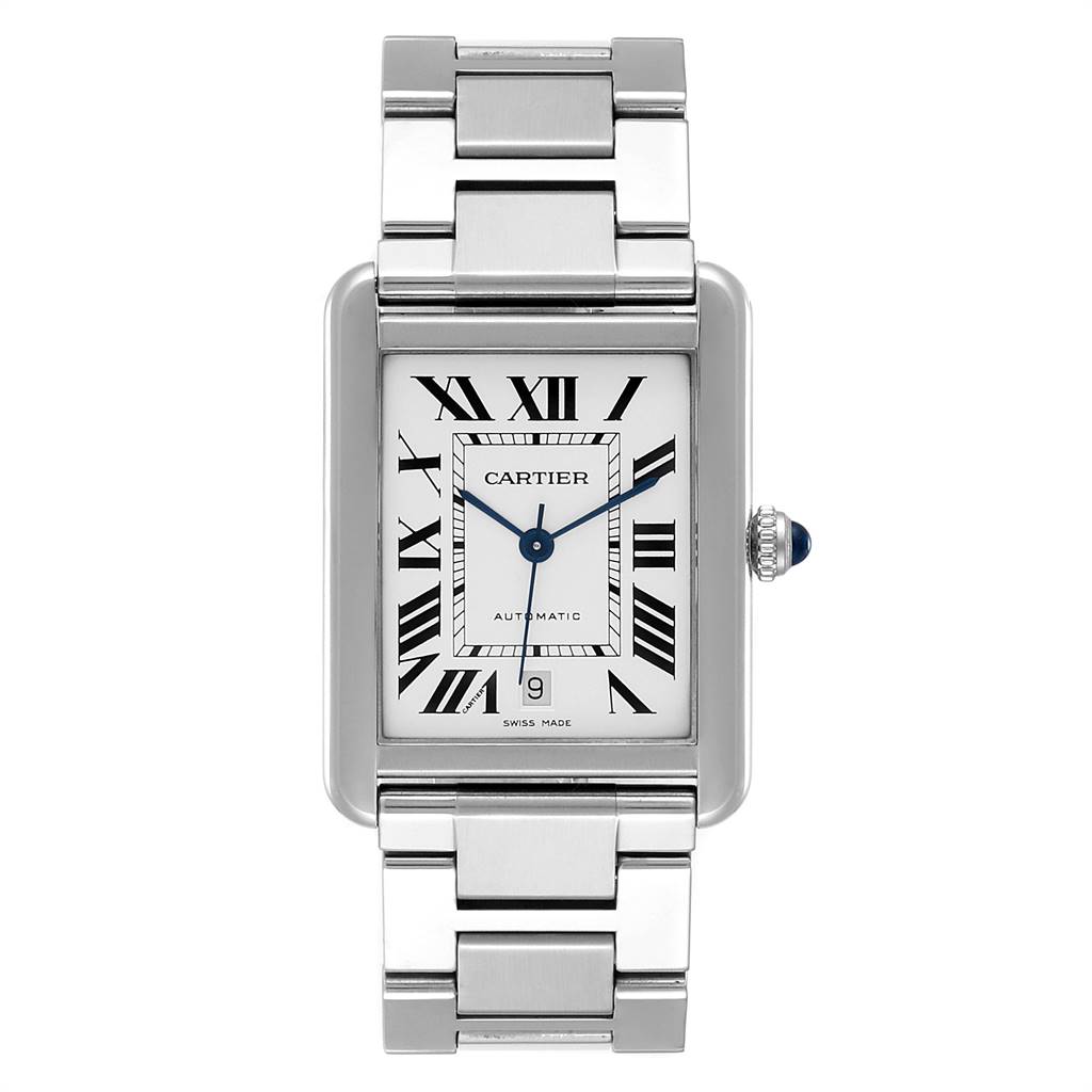 The Cartier Tank Solo W5200028 Men
s Stainless Steel Silver Dial W5200028 Men
s Stainless Steel Silver Dial watch is shown from a straight-on angle, displaying the face and bracelet.