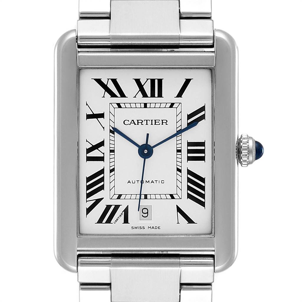 The image shows a front view of the Cartier Tank Solo W5200028 Men
s Stainless Steel Silver Dial W5200028 Men
s Stainless Steel Silver Dial watch, highlighting its dial, hands, and portion of the bracelet.