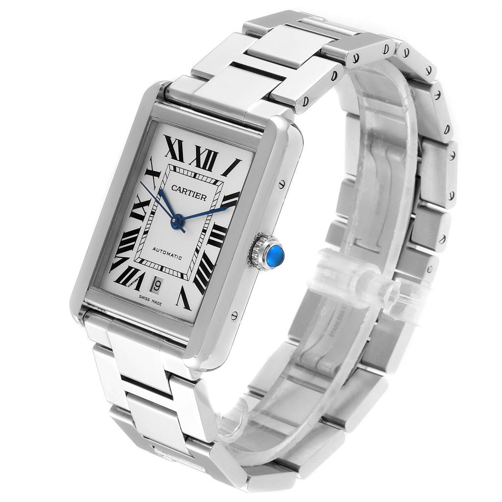 The image shows a Cartier Tank Solo W5200028 Men
s Stainless Steel Silver Dial W5200028 Men
s Stainless Steel Silver Dial model watch angled slightly from the top left, highlighting its rectangular face and metal bracelet.
