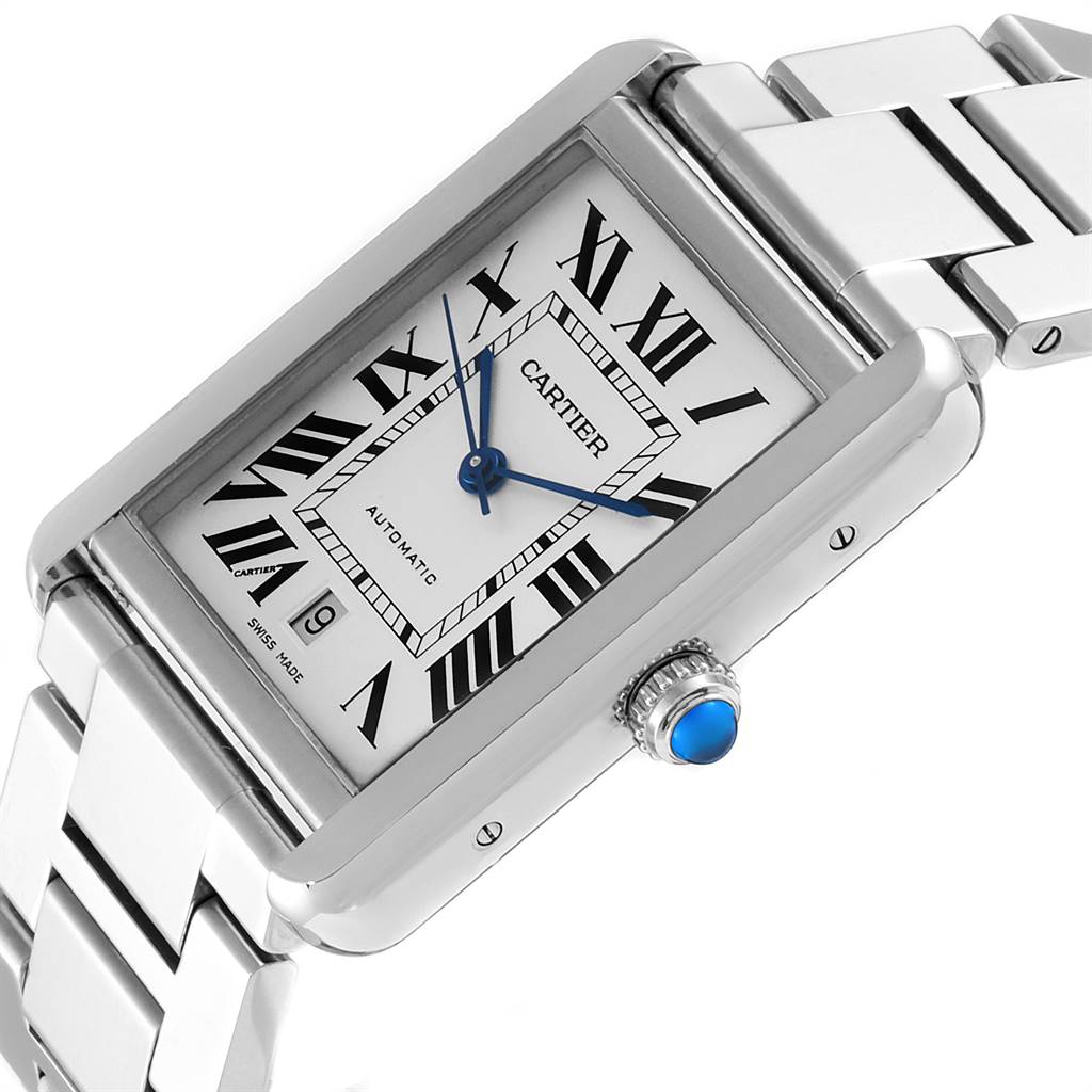 The Cartier Tank Solo W5200028 Men
s Stainless Steel Silver Dial W5200028 Men
s Stainless Steel Silver Dial watch is shown at an angled close-up, highlighting its face, crown, and part of its bracelet.