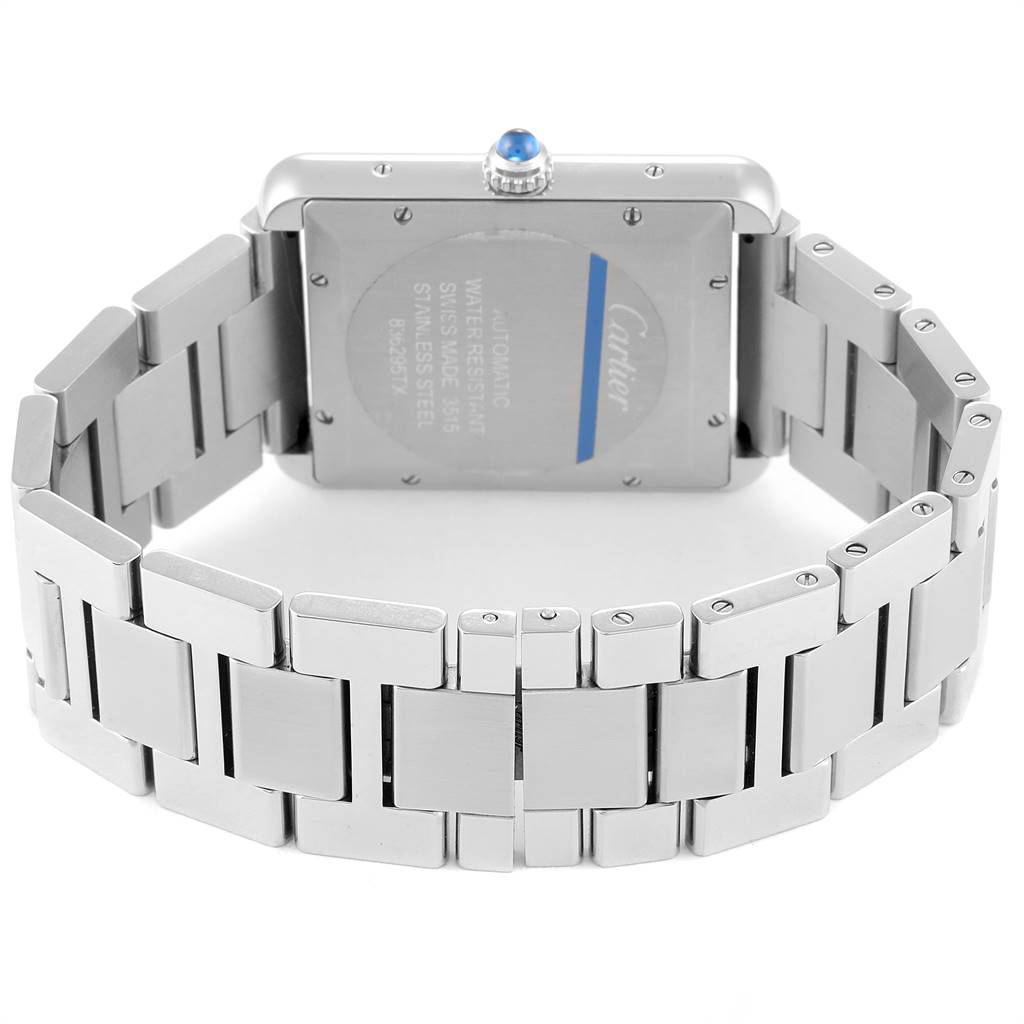 This image shows the back view of a Cartier Tank Solo W5200028 Men
s Stainless Steel Silver Dial W5200028 Men
s Stainless Steel Silver Dial watch, highlighting the case back, stainless steel bracelet, and crown.