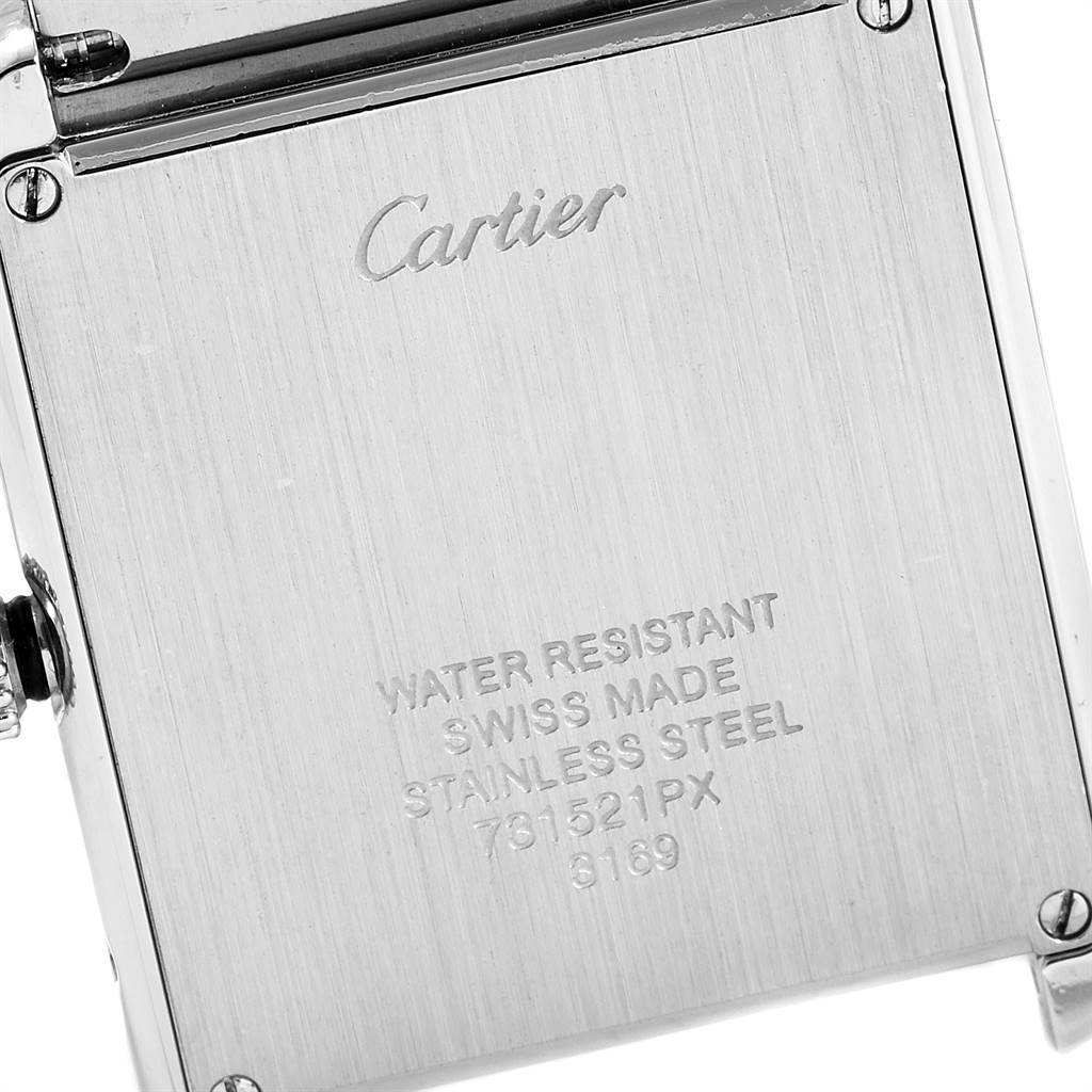 This image shows the back case of a Cartier Tank Solo W5200014 Men
s Stainless Steel Silver Dial W5200014 Men
s Stainless Steel Silver Dial watch, highlighting the engraved branding and specifications.